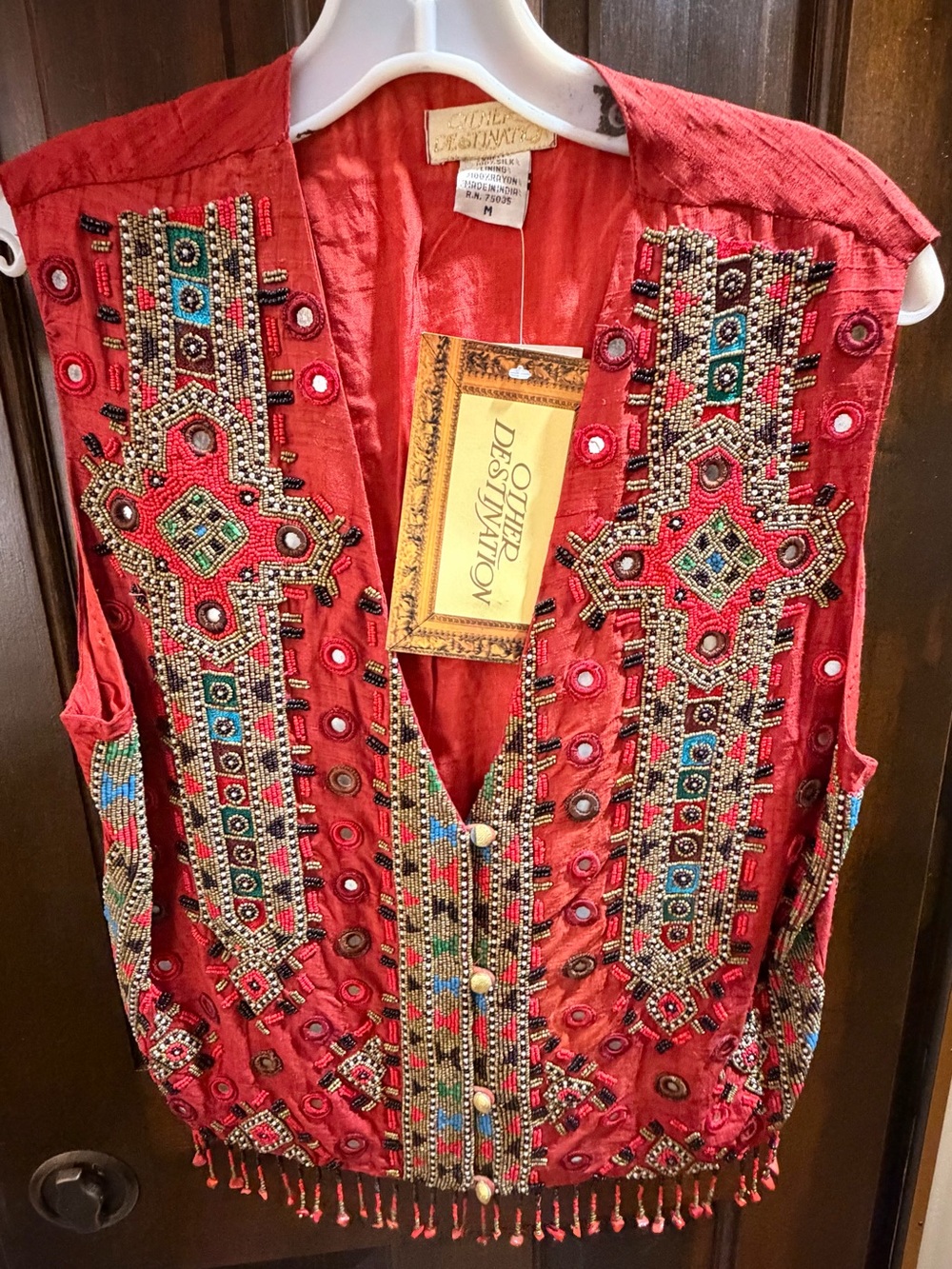 NWT Vintage Other Destination Raw Silk Beaded Mirror Shisha Vest Ruby